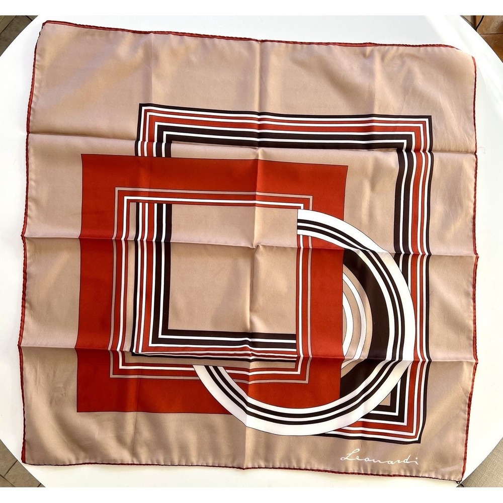 Vintage 70s Leonardi‎ Square Scarf Beige Rust Brown Mod Print 30" Sq